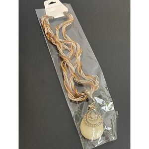 00668 Boho Layered Beaded Pendant Necklace Gold Tone Cream Stone Rhinestone NEW